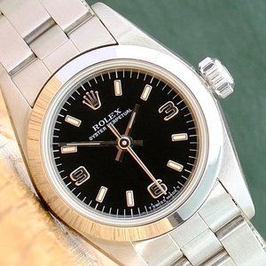 ROLEX OYSTER PERPETUAL BLACK INDEX-ARABIC DIAL STEEL SMOOTH OYSTER WATCH 76080